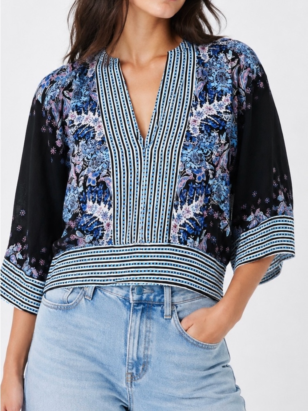 Free People Mix-n-Match Blouse Black Combo V-Neck Boho Chic Top XS